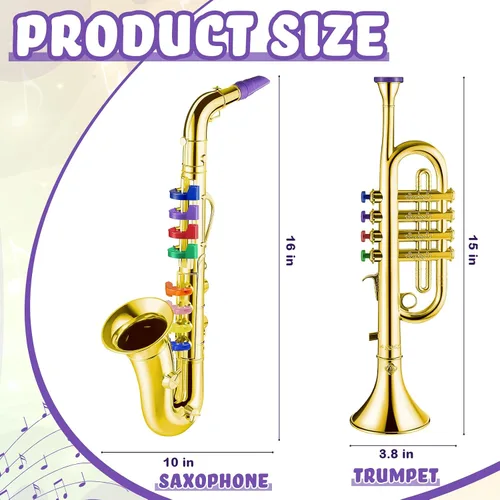 Vista 2 de Lewtemi Juego de 2 instrumentos musicales que incluyen trompeta de juguete y saxofón, trompeta de plástico, juguete educativo de Navidad, regalo