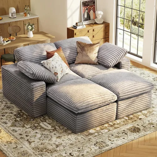 Vista 24 de KKL Sofá modular de 150 pulgadas, sofá modular en forma de U con otomana, sofá de pana sin hueso para sala de estar y dormitorio, sofá modular Negro