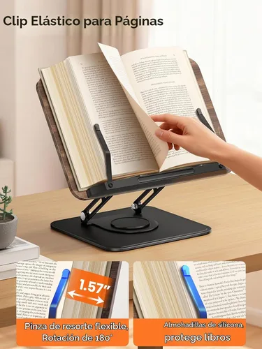 Vista 6 de Tounee Soporte para libros, soporte giratorio de 360°, soporte ajustable para libros de cocina para leer manos libres, soporte plegable para libros