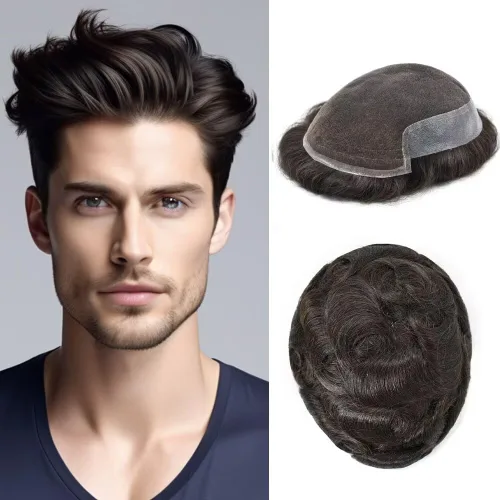 Vista 26 de FACE MIRACLE - Tupé de encaje frontal francés para hombres, postizos, sistemas de reemplazo de cabello humano con PU para hombre, prótesis