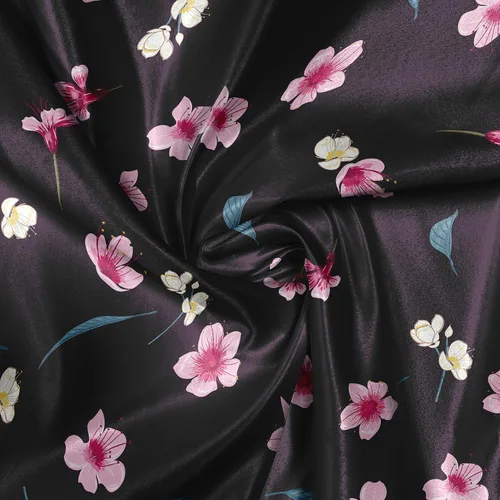 Vista 4 de Ambesonne Cherry Blossom Fabric by The Yard, Spring Night Sakura Yozakura Pattern on Nocturnal Background, Decorative Satin Fabric for Home Textiles
