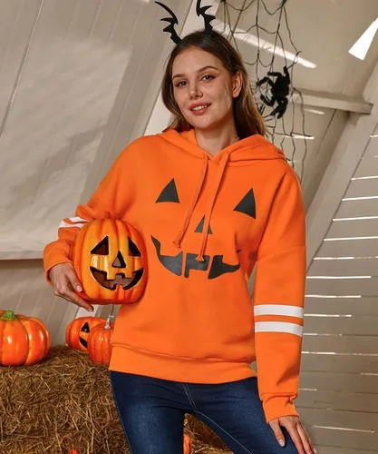 Vista 2 de Spadehill Sudaderas con capucha de esqueleto de calabaza de manga larga para mujer
