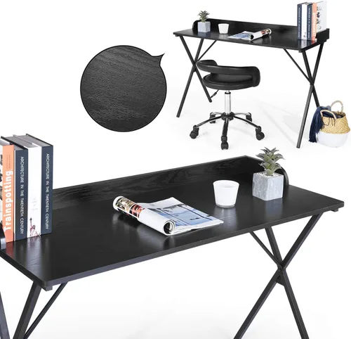 Vista 7 de FurnitureR Escritorio de oficina en casa con deflector, escritorio de estudio de computadora de 47.2 pulgadas con patas de metal en forma de X, mesa
