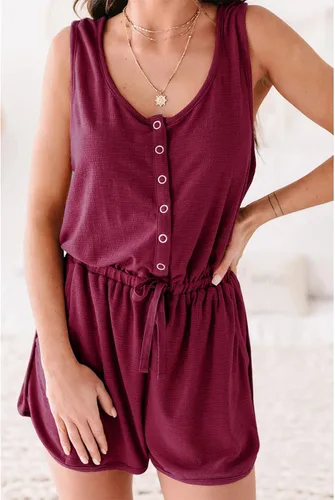 Vista 2 de PRETTYGARDEN Mono corto casual de verano para mujer, con cuello redondo, botones, sin mangas, con bolsillos