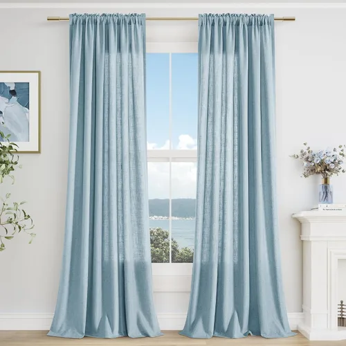 Vista 23 de Cortinas de lino verde aguamarina de 84 pulgadas de largo, juego de 2 paneles semitransparentes con bolsillo para barra para comedor, decoración