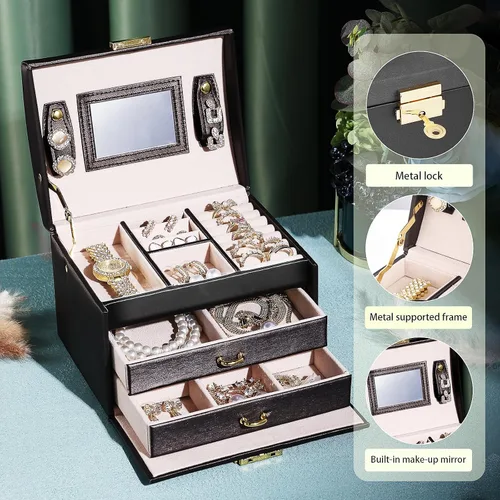 Vista 5 de Joyero para niñas y mujeres, organizador de joyas de 3 capas con piel sintética, estuche de viaje con espejo, almacenamiento de joyas para aretes