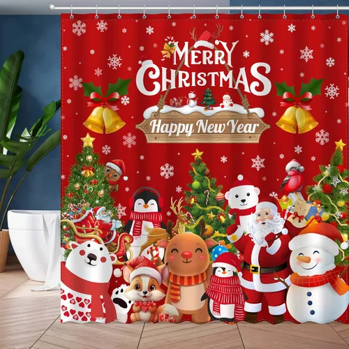 Vista 7 de JWXCBIM - Cortina de ducha de Navidad Feliz Navidad y Feliz Año Nuevo, decoración para el hogar de Papá Noel y muñeco de nieve, cortina de baño