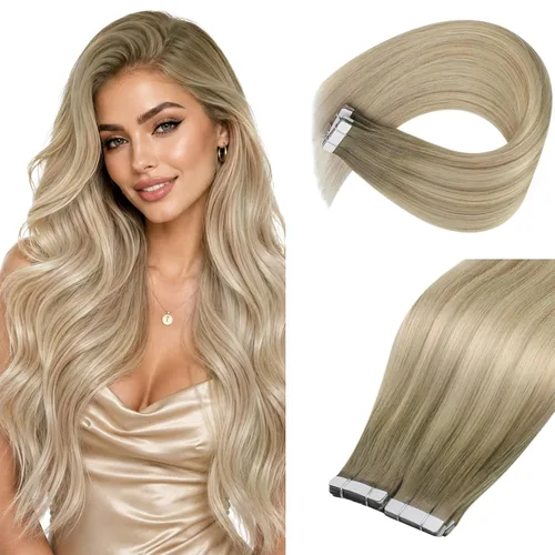 Vista 26 de Ve Sunny Extensiones de cabello humano real con cinta, cabello humano Remy, lacio, doble cara, color marrón oscuro, balayage, rubio dorado oscuro