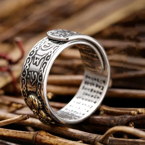 Vista 6 de Angyape Feng Shui Pixiu - Anillo de mantra ajustable budista de buena suerte, mantra, doble protección, riqueza, amor, salud, regalo para hombres