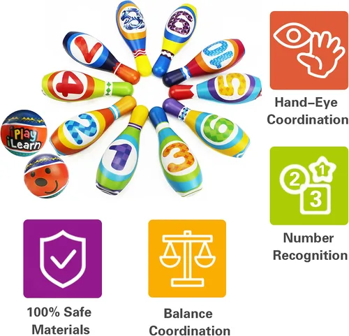 Vista 4 de iPlay, iLearn Juego de juguetes de bolos para niños, juego de actividades para interiores y exteriores, juego de 10 pines de espuma suave y dos