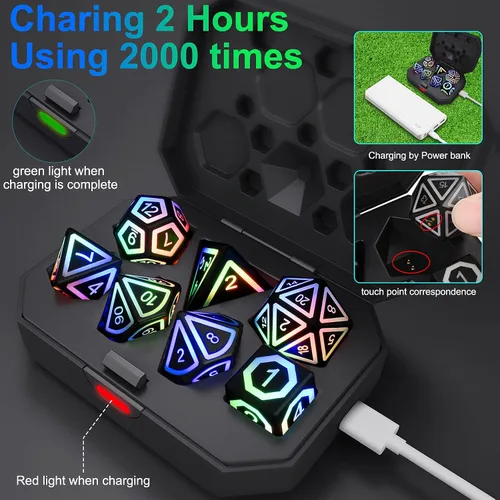 Vista 4 de Juego de dados DND recargables, dados iluminados, 7 dados LED balanceados brillantes, dados electrónicos, dados D & D, juego de dados poliédricos