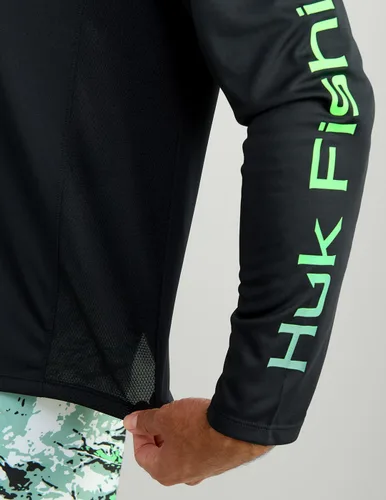 Vista 4 de HUK Mens Pursuit Vented Long Sleeve Hoodie, Fishing Shirt with Hood Negro 2.0