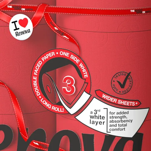 Vista 3 de Renova Papel higiénico perfumado de lujo, 6 rollos jumbo de 3 capas, 180 hojas, color rojo, 1 unidad (paquete de 1) (renmaxirtp6)