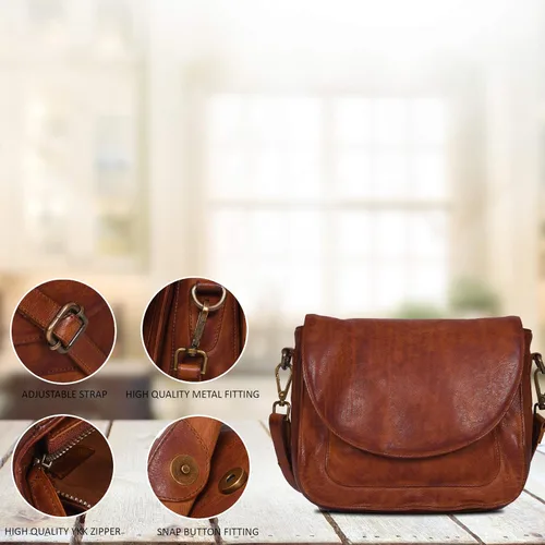 Vista 5 de Pequeño bolso cruzado de cuero genuino de aspecto vintage para mujer
