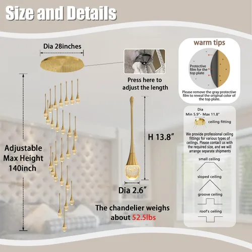 Vista 4 de ykolupty Candelabros grandes de 138 pulgadas para sala de estar, modernos candelabros dorados de cristal, lámpara colgante de escalera en espiral