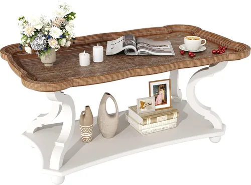 Vista 10 de Function Home - Mesa de centro de granja, mesa rústica blanca de estilo francés con estante de almacenamiento, mesas de centro de madera para sala