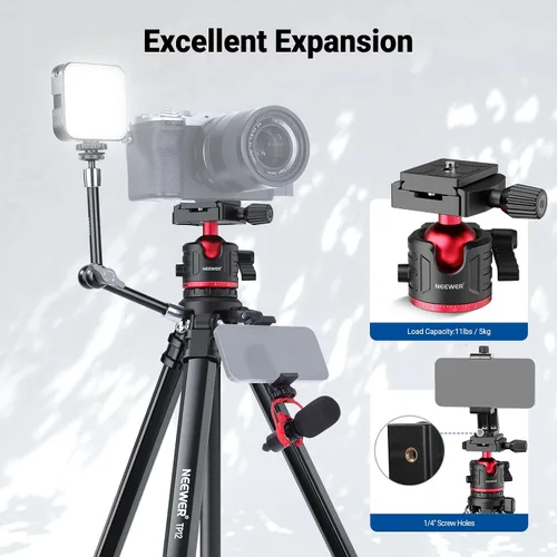 Vista 5 de NEEWER Basics - Trípode de viaje de 66.5"/169 cm para cámara, soporte DSLR portátil ligero con cabeza de bola, placa QR tipo Arca, soporte