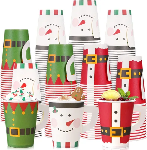 Vista 8 de Maxcheck Vasos de Papel Navideños 7oz Desechables de Navidad con Asas Santa Muñeco de Nieve Elfo Vasos de Té Café Chocolate Caliente Accesorios
