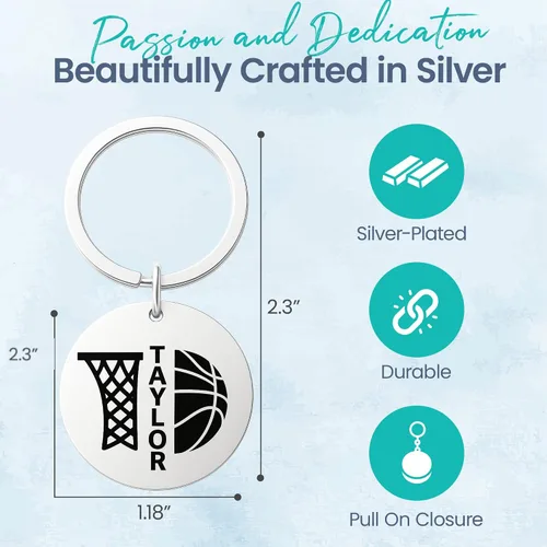 Vista 5 de Llavero de baloncesto personalizado, regalo personalizado de acero inoxidable grabado para jugadores, entrenadores, adolescentes, niños y niñas