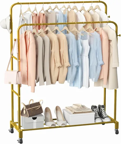 Vista 9 de Sooyee Perchero de doble barra con ruedas, perchero de 3 niveles para colgar ropa, perchero portátil con 4 ganchos para dormitorio, cuarto de Negro