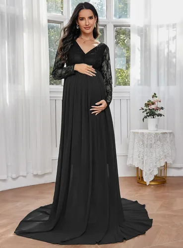 Vista 2 de ZIUMUDY Vestido de maternidad con cuello en V para fotografía de gasa, manga larga, con costuras de encaje, maxi vestido para baby shower
