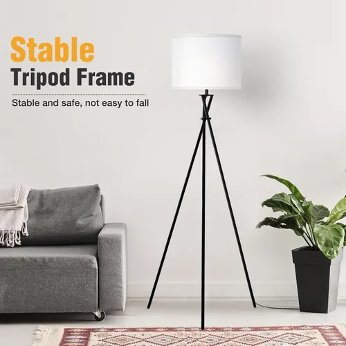 Vista 3 de Lámpara de pie para sala de estar, 61 pulgadas, moderna lámpara de pie trípode con pantalla blanca e interruptor giratorio, lámpara de pie negra