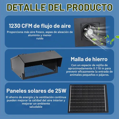 Vista 6 de Ventilador solar de ventilación de techo de 25 W con rejillas de ventilación de techo extraíbles de 8 pulgadas, ventilador de escape solar