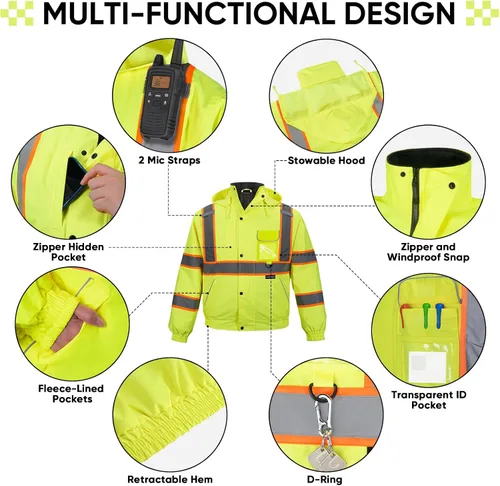 Vista 3 de TICONN Waterproof Safety Bomber Jacket, Winter Rain Jacket Hi Vis Reflective, ANSI Class 3 Work Rain Coat