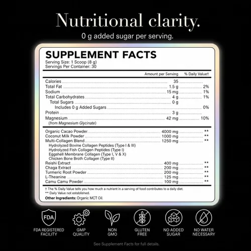 Vista 7 de Mushroom Cacao Organic Powder Sugar Free - 1250mg Multi-Collagen Peptides Blend, Reishi, Chaga, Magnesium, L-Theanine, Turmeric & Camu Camu, 30