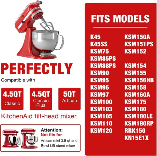 Vista 3 de Batidor de borde flexible de acero inoxidable de 4.5-5 cuartos para batidoras de pie KitchenAid Classic y Artisan con cabezal inclinable. Compatible