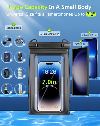 Vista 2 de Bolsa impermeable flotante para teléfono, [espacio expandible] IPX8 Bolsa seca impermeable para iPhone 16 15 14 13 Pro Max Samsung S25 S24 S23