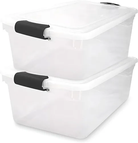Vista 18 de HOMZ Paquete de 5 cubos organizadores de almacenamiento de plástico transparente, 7.5 cuartos de galón, pestillo azul, contenedores organizadores