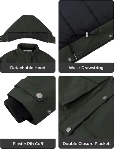 Vista 6 de Wenven Abrigos de invierno impermeables para mujer, chaquetas acolchadas gruesas y cálidas con capucha desmontable Verde militar