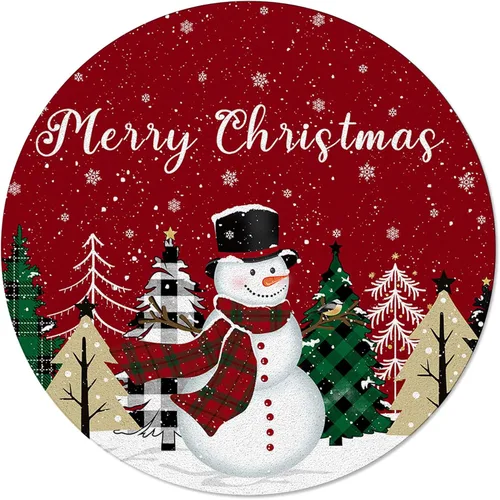 Vista 3 de Alfombra redonda de 3 pies de diámetro, diseño de muñeco de nieve, búfalo, árbol de Navidad, feliz año nuevo, rojo, tapete decorativo de Navidad