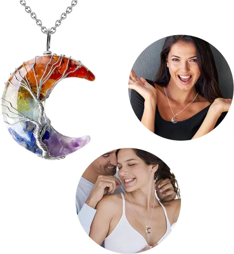 Vista 3 de Collar con colgante de cristales de luna para mujeres y hombres, árbol de la vida, alambre de cobre, collar de piedras de cristal curativas naturales