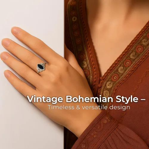 Vista 5 de Cut Marquise Black Onyx Ethnic Delicate Ring 925 Sterling Silver Vintage Tribal Gipsy Boho Look