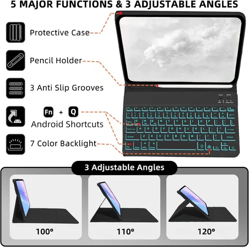 Vista 3 de Funda de teclado para Samsung Galaxy Tab A8 10.5 pulgadas - 7 colores retroiluminados cubierta de teclado y mouse (negro)
