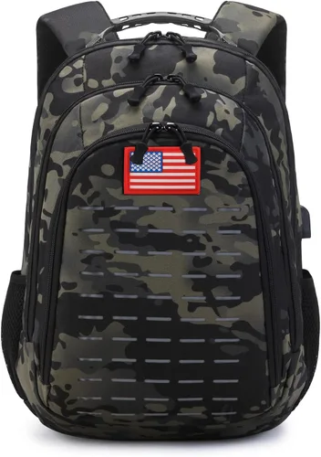 Vista 11 de Mochila de camuflaje, pequeña mochila táctica para exteriores, mochilas militares para niños adolescentes para la escuela con puerto de carga USB