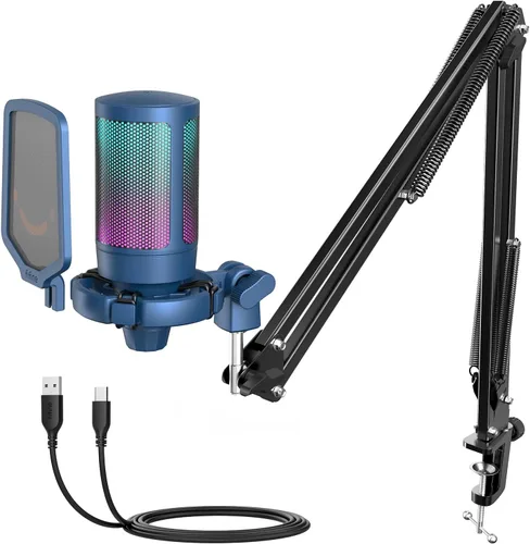 Vista 12 de FIFINE Gaming PC USB Microphone, Podcast Condenser Mic with Boom Arm, Pop Filter, Mute Button for Streaming, Twitch, Online Chat, RGB Computer Mic