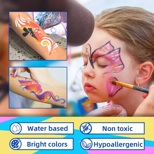 Vista 3 de Kit de pintura facial de 8.47 oz de tortas divididas arco iris, paleta de pintura facial profesional para niños y adultos con purpurina, plantillas