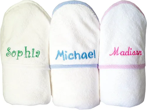 Vista 2 de Toalla con capucha bordada personalizada personalizada de algodón blanco w/azul baño bebé con capucha