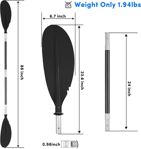 Vista 2 de Remo de kayak, 88 pulgadas, 4 piezas de remos para kayak, flotador de eje de aleación de aluminio resistente, ligero, desmontable, ajustable