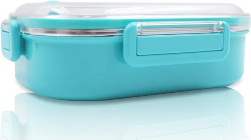 Vista 8 de Finex Caja Bento reutilizable azul de acero inoxidable con 2 compartimentos para alimentos con tapa transparente y cuchara - Princesa