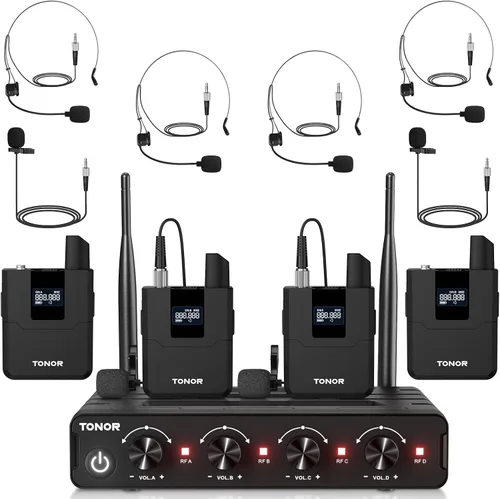 Vista 10 de TONOR Sistema de Micrófono Inalámbrico, Juego de 4 Micrófonos de Mano Inalámbricos UHF de 10 Canales con Auriculares/Micrófonos de Solapa Lavalier