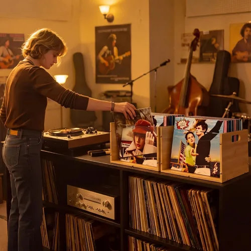 Vista 2 de Caja de almacenamiento para álbumes de discos, caja de discos de vinilo de bambú y acrílico, caja multifuncional con soporte visible para discos