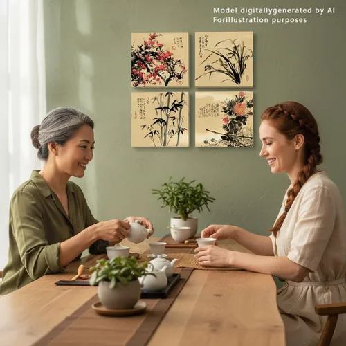 Vista 4 de JiazuGo Lienzo decorativo asiático oriental para pared, cuadros chinos para decoración estética de dormitorio, juego de 4 obras de arte estiradas