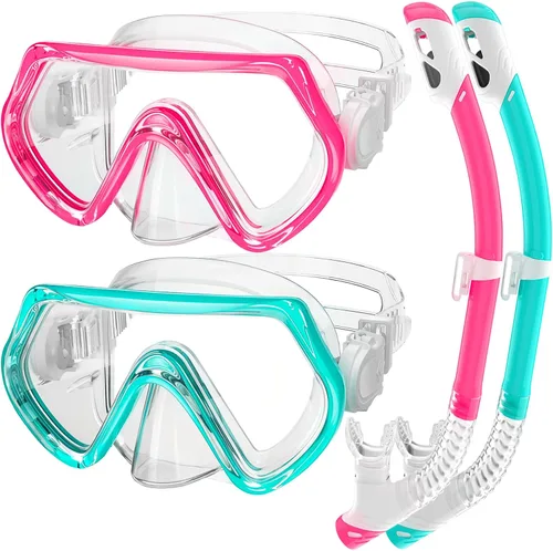 Vista 12 de 2 juegos de equipo de esnórquel para niños de 3 a 14 años, antivaho 180° Clear View Dry Top Snorkel Set, máscara de natación con cubierta nasal