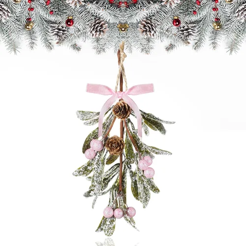 Vista 16 de Giegxin 1 pieza Adorno de Navidad Artificial de Muérdago Colgante con Lazo Rojo Bouquet de Adornos Colgantes de Navidad Floral con Piñas Naturales