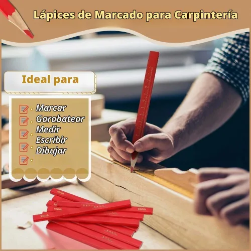 Vista 2 de Lápices de carpintero, 10 lápices duros octogonales rojos para carpintería y marcado de hormigón