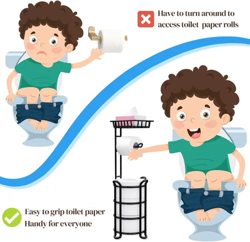 Vista 3 de Soporte de papel higiénico con estante, estante de almacenamiento de rollos de papel higiénico con dispensador para baño, color negro